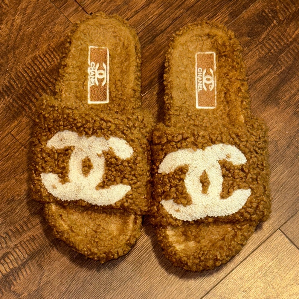 Chanel Brown Fuzzy Slide Sandals with Logo